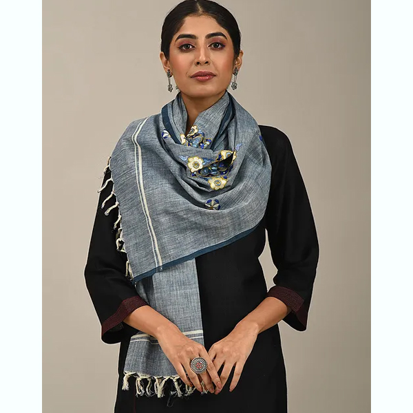 Blue Handloom Pahari Embroidered Cotton Stole