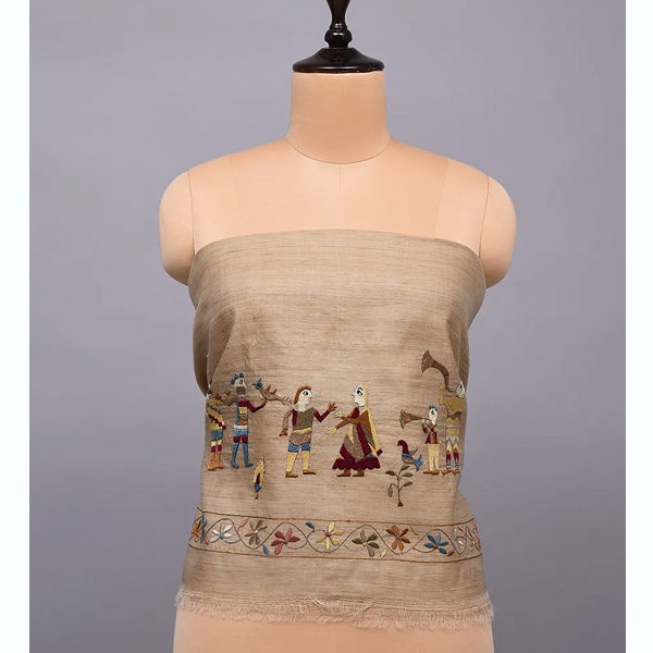 Brown Tussar Pahari Embroidered Reversible Silk Fabric