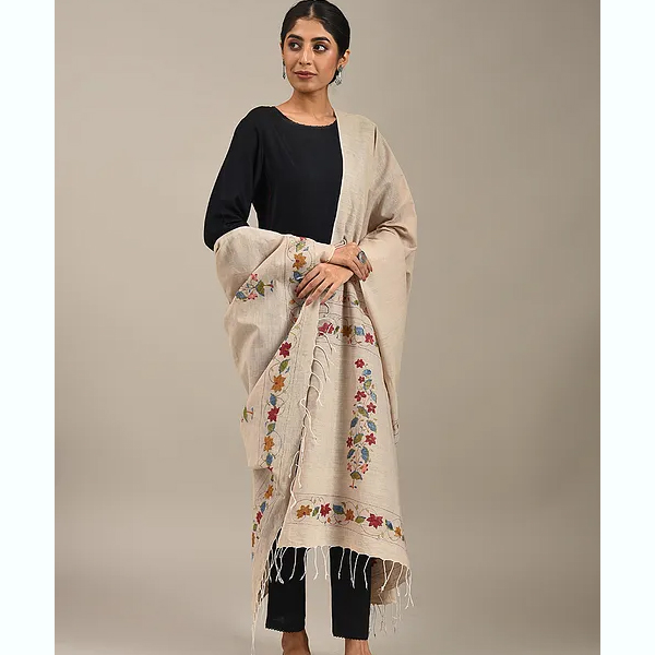 Brown Handloom Pahari Embroidered Cotton Dupatta