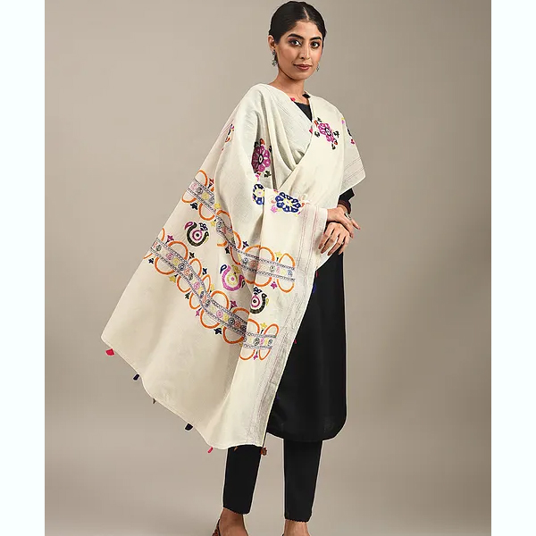 Off White Handloom Pahari Embroidered Cotton Dupatta